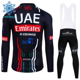 Set Fietsshirt Lange Mouw + Lange Koersbroek 2024 UAE TEAM EMIRATES Winter Thermal Fleece Zwart